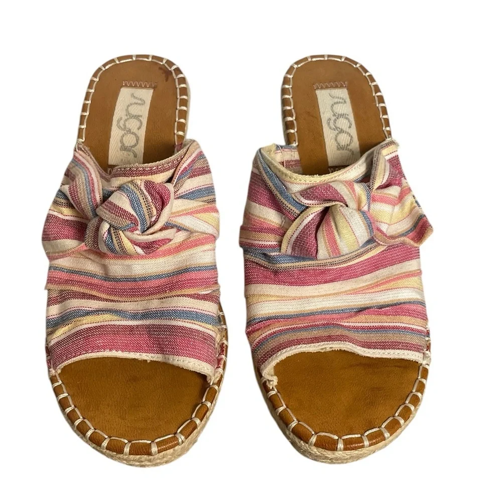 Sugar‎ Hundreds Wedge Sandals Fabric Natural Multicolor Beach Stripe Size 8.5
